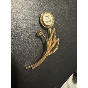 Vintage Gold Plated Flower Leaves with Gems Brooch Pin Jewelry